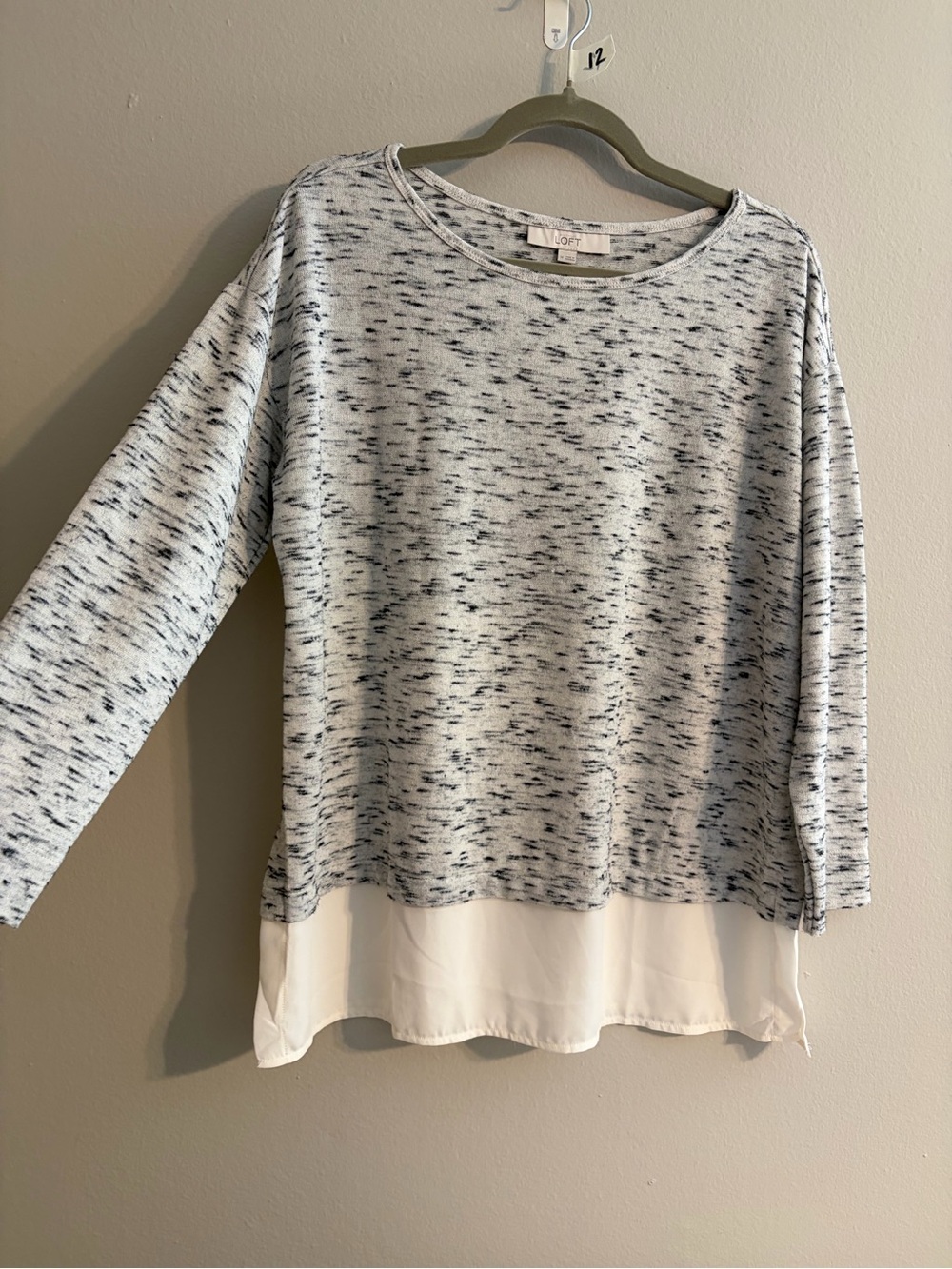 Loft Layered Heathered White & Gray Partially Sheer Back Top